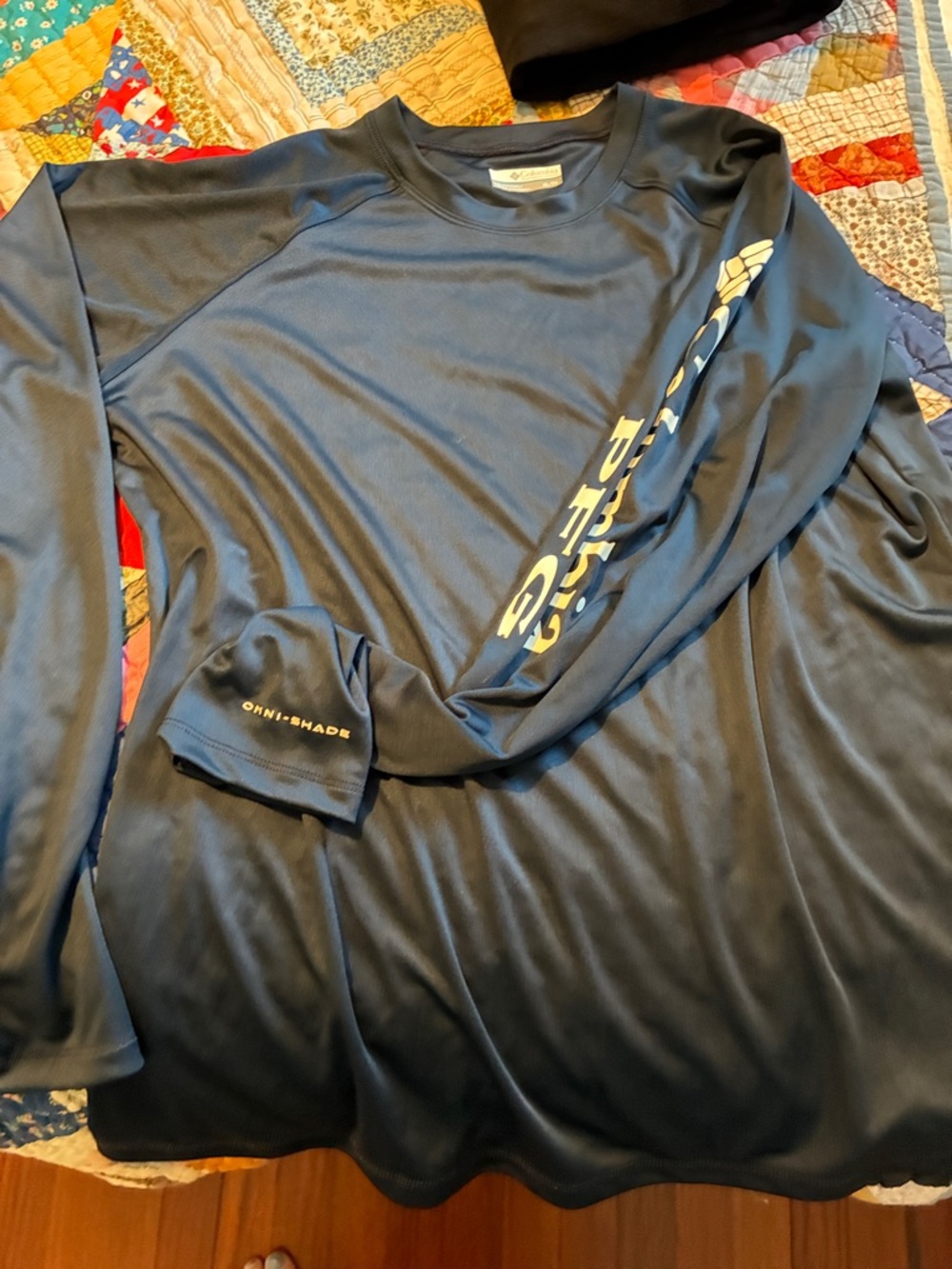 Ladies Navy Performance Long Sleeve Shirt with Sleeve Logo Omni shade